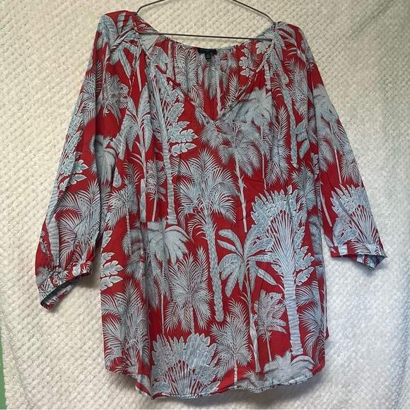 Talbots Blouse Oasis Palms Crinkle Gauze Poppver 100% Cotton Split Neck Sz 2X - Picture 2 of 7